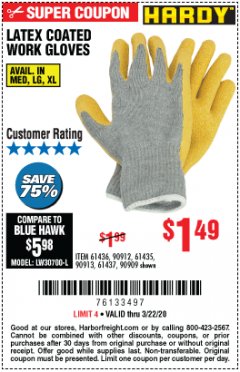 Harbor Freight Coupon LATEX COATED WORK GLOVES Lot No. 1.49 Expired: 3/22/20 - $1.49