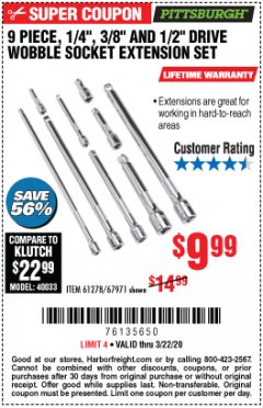 Harbor Freight Coupon 9 PIECE, 1/4", 3/8" AND 1/2" DRIVE WOBBLE SOCKET EXTENSION SET Lot No. 61278/67971 Expired: 3/22/20 - $9.99