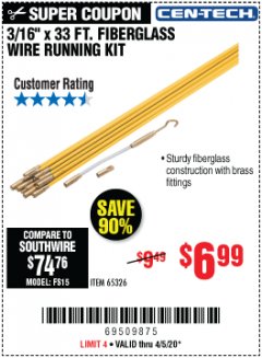 Harbor Freight Coupon 3/16" X 33FT. FIBERGLASS WIRE RUNNING KIT Lot No. 65326 Expired: 6/30/20 - $6.99