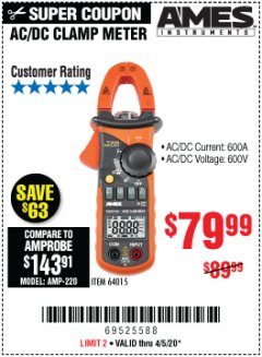 Harbor Freight Coupon AC/DC CLAMP METER Lot No. 64015 Expired: 6/30/20 - $79.99