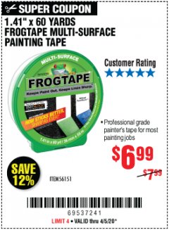 Harbor Freight Coupon 1.41" X 60 YARDS FROGTAPE MULTI-SURFACE PAINTING TAPE Lot No. 56151 Expired: 6/30/20 - $6.99