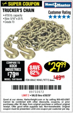 Harbor Freight Coupon TRUCKER'S CHAIN Lot No. 60667/40461/97712 Expired: 6/30/20 - $29.99
