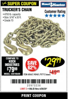 Harbor Freight Coupon TRUCKER'S CHAIN Lot No. 60667/40461/97712 Expired: 6/30/20 - $29.99