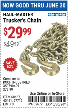 Harbor Freight Coupon TRUCKER'S CHAIN Lot No. 60667/40461/97712 Expired: 6/30/20 - $29.99