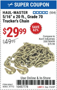 Harbor Freight Coupon TRUCKER'S CHAIN Lot No. 60667, 40461, 97712 Expired: 7/5/20 - $29.99