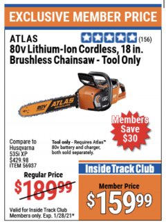 Harbor Freight ITC Coupon ATLAS 80V LITHIUM-ION 18" BRUSHLESS CHAINSAW Lot No. 56937 Expired: 1/28/21 - $159.99
