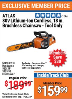 Harbor Freight ITC Coupon ATLAS 80V LITHIUM-ION 18" BRUSHLESS CHAINSAW Lot No. 56937 Expired: 1/28/21 - $159.99