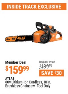 Harbor Freight ITC Coupon ATLAS 80V LITHIUM-ION 18" BRUSHLESS CHAINSAW Lot No. 56937 Expired: 4/29/21 - $159.99