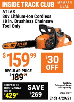 Harbor Freight ITC Coupon ATLAS 80V LITHIUM-ION 18" BRUSHLESS CHAINSAW Lot No. 56937 Expired: 4/29/21 - $159.99