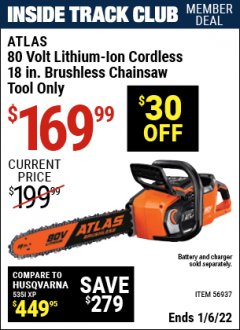 Harbor Freight ITC Coupon ATLAS 80V LITHIUM-ION 18" BRUSHLESS CHAINSAW Lot No. 56937 Expired: 1/6/22 - $169.99