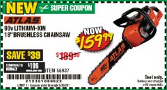 Harbor Freight Coupon ATLAS 80V LITHIUM-ION 18" BRUSHLESS CHAINSAW Lot No. 56937 Expired: 6/30/20 - $159.99