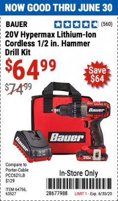 Harbor Freight Coupon 20V HYPERMAX LITHIUM-ION CORDLESS 1/2 IN. HAMMER DRILL KIT Lot No. 64754 Expired: 6/30/20 - $64.99