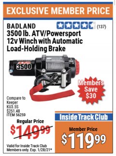 Harbor Freight ITC Coupon 3500 LB. ATV/POWERSPORT 12V WINCH WITH AUTOMATIC LOAD-HOLDING BRAKE Lot No. 56528/56259 Expired: 1/28/21 - $119.99