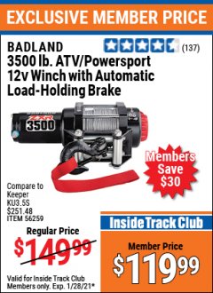 Harbor Freight ITC Coupon 3500 LB. ATV/POWERSPORT 12V WINCH WITH AUTOMATIC LOAD-HOLDING BRAKE Lot No. 56528/56259 Expired: 1/28/21 - $119.99