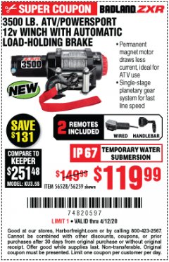 Harbor Freight Coupon 3500 LB. ATV/POWERSPORT 12V WINCH WITH AUTOMATIC LOAD-HOLDING BRAKE Lot No. 56528/56259 Expired: 6/30/20 - $119.99