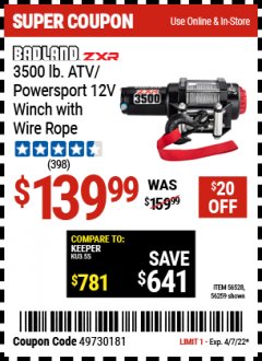 Harbor Freight Coupon 3500 LB. ATV/POWERSPORT 12V WINCH WITH AUTOMATIC LOAD-HOLDING BRAKE Lot No. 56528/56259 Expired: 4/7/22 - $139.99