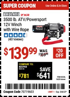 Harbor Freight Coupon 3500 LB. ATV/POWERSPORT 12V WINCH WITH AUTOMATIC LOAD-HOLDING BRAKE Lot No. 56528/56259 Expired: 5/8/22 - $139.99