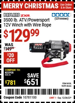 Harbor Freight Coupon 3500 LB. ATV/POWERSPORT 12V WINCH WITH AUTOMATIC LOAD-HOLDING BRAKE Lot No. 56528/56259 Expired: 12/26/22 - $129.99