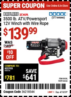 Harbor Freight Coupon 3500 LB. ATV/POWERSPORT 12V WINCH WITH AUTOMATIC LOAD-HOLDING BRAKE Lot No. 56528/56259 Expired: 4/13/23 - $139.99