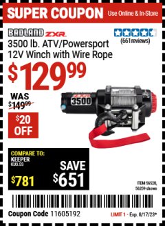 Harbor Freight Coupon 3500 LB. ATV/POWERSPORT 12V WINCH WITH AUTOMATIC LOAD-HOLDING BRAKE Lot No. 56528/56259 Expired: 8/17/23 - $129.99