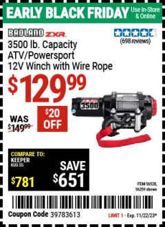 Harbor Freight Coupon 3500 LB. ATV/POWERSPORT 12V WINCH WITH AUTOMATIC LOAD-HOLDING BRAKE Lot No. 56528/56259 Expired: 11/22/23 - $129.99