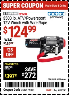 Harbor Freight Coupon 3500 LB. ATV/POWERSPORT 12V WINCH WITH AUTOMATIC LOAD-HOLDING BRAKE Lot No. 56528/56259 Expired: 4/11/24 - $124.99