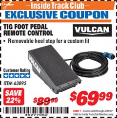 Harbor Freight ITC Coupon TIG FOOT PEDAL REMOTE CONTROL Lot No. 63895 Expired: 4/30/20 - $69.99