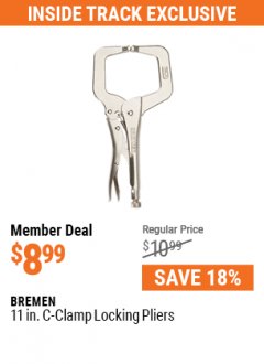 Harbor Freight ITC Coupon 11" SWIVEL PAD C-CLAMP LOCKING PLIERS Lot No. 63865 Expired: 7/29/21 - $8.99
