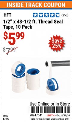 Harbor Freight ITC Coupon 1/2" X 43-1/2 FT. PLUMBER'S THREAD SEAL TAPE - PACK OF 10 Lot No. 1123/61377/63943 Expired: 8/31/20 - $5.99
