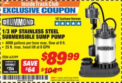 Harbor Freight ITC Coupon 1/3 HP STAINLESS STEEL SUBMERSIBLE SUMP PUMP Lot No. 63399 Expired: 4/30/20 - $89.99