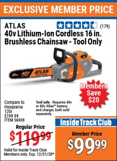 Harbor Freight ITC Coupon ATLAS 40V LITHIUM-ION 16" BRUSHLESS CHAINSAW Lot No. 56938 Expired: 12/31/20 - $99.99