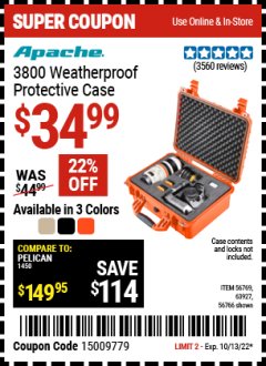 Harbor Freight Coupon 3800 WEATHERPROOF PROTECTIVE CASE Lot No. 56766 56769 63927 Expired: 10/13/22 - $34.99