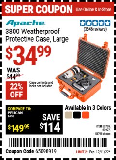 Harbor Freight Coupon 3800 WEATHERPROOF PROTECTIVE CASE Lot No. 56766 56769 63927 Expired: 12/11/22 - $34.99