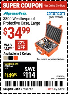 Harbor Freight Coupon 3800 WEATHERPROOF PROTECTIVE CASE Lot No. 56766 56769 63927 Expired: 3/9/23 - $34.99