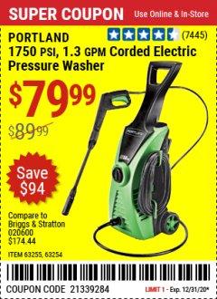 Harbor Freight Coupon PORTLAND 1750 PSI ELECTRIC PRESSURE WASHER Lot No. 63255 Expired: 12/31/20 - $79.99
