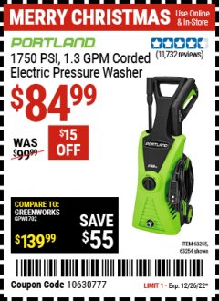 Harbor Freight Coupon PORTLAND 1750 PSI ELECTRIC PRESSURE WASHER Lot No. 63255 Expired: 12/26/22 - $84.99