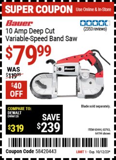 Harbor Freight Coupon 5" DEEP CUT VARIABLE SPEED BAND SAW Lot No. 64194/63763/63444 Expired: 10/12/23 - $79.99