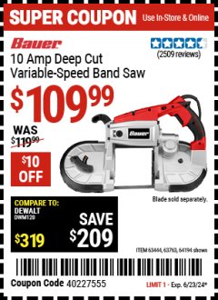 Harbor Freight Coupon 5" DEEP CUT VARIABLE SPEED BAND SAW Lot No. 64194/63763/63444 Expired: 6/23/24 - $109.99