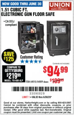 Harbor Freight Coupon UNION SAFE COMPANY 1.51 CU. FT. ELECTRONIC LOCK GUN FLOOR SAFE Lot No. 64009/64010 Expired: 6/30/20 - $94.99