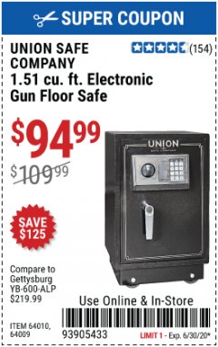 Harbor Freight Coupon UNION SAFE COMPANY 1.51 CU. FT. ELECTRONIC LOCK GUN FLOOR SAFE Lot No. 64009/64010 Expired: 6/30/20 - $94.99