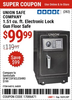 Harbor Freight Coupon UNION SAFE COMPANY 1.51 CU. FT. ELECTRONIC LOCK GUN FLOOR SAFE Lot No. 64009/64010 Expired: 10/31/20 - $99.99