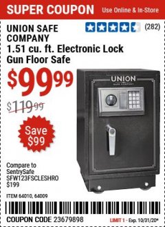 Harbor Freight Coupon UNION SAFE COMPANY 1.51 CU. FT. ELECTRONIC LOCK GUN FLOOR SAFE Lot No. 64009/64010 Expired: 10/31/20 - $99.99