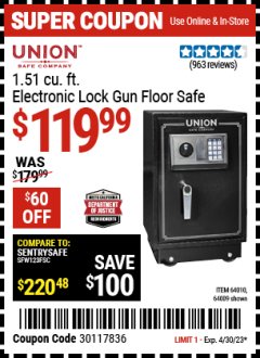 Harbor Freight Coupon UNION SAFE COMPANY 1.51 CU. FT. ELECTRONIC LOCK GUN FLOOR SAFE Lot No. 64009/64010 Expired: 4/30/23 - $119.99