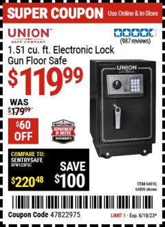 Harbor Freight Coupon UNION SAFE COMPANY 1.51 CU. FT. ELECTRONIC LOCK GUN FLOOR SAFE Lot No. 64009/64010 Expired: 6/18/23 - $119.99