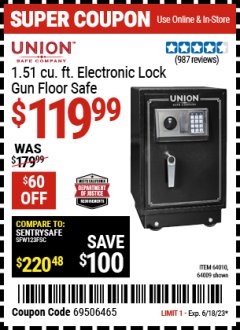 Harbor Freight Coupon UNION SAFE COMPANY 1.51 CU. FT. ELECTRONIC LOCK GUN FLOOR SAFE Lot No. 64009/64010 Expired: 6/18/23 - $119.99