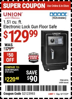 Harbor Freight Coupon UNION SAFE COMPANY 1.51 CU. FT. ELECTRONIC LOCK GUN FLOOR SAFE Lot No. 64009/64010 Expired: 9/17/23 - $129.99