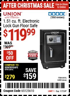 Harbor Freight Coupon UNION SAFE COMPANY 1.51 CU. FT. ELECTRONIC LOCK GUN FLOOR SAFE Lot No. 64009/64010 Expired: 1/7/24 - $119.99