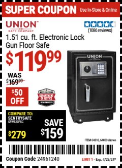 Harbor Freight Coupon UNION SAFE COMPANY 1.51 CU. FT. ELECTRONIC LOCK GUN FLOOR SAFE Lot No. 64009/64010 Expired: 4/28/24 - $119.99