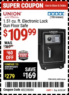 Harbor Freight Coupon UNION SAFE COMPANY 1.51 CU. FT. ELECTRONIC LOCK GUN FLOOR SAFE Lot No. 64009/64010 Expired: 6/23/24 - $109.99