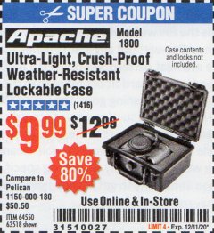 Harbor Freight Coupon ULTRA-LIGHT, CRUSH-PROOF, WEATHER-RESISTANT LOCKABLE CASE Lot No. 64550/63518 Expired: 12/11/20 - $9.99